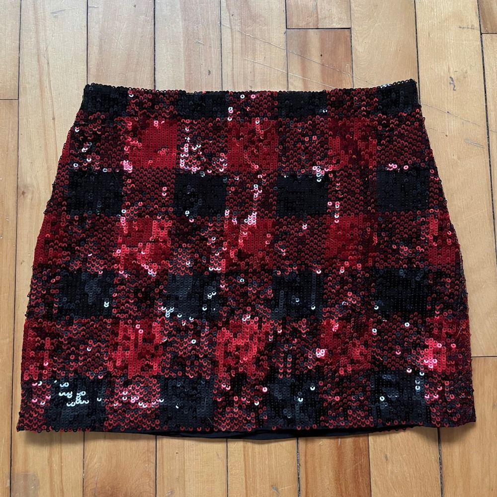 Polo Ralph Lauren Sequin Plaid Mini Skirt Red Black Size 10